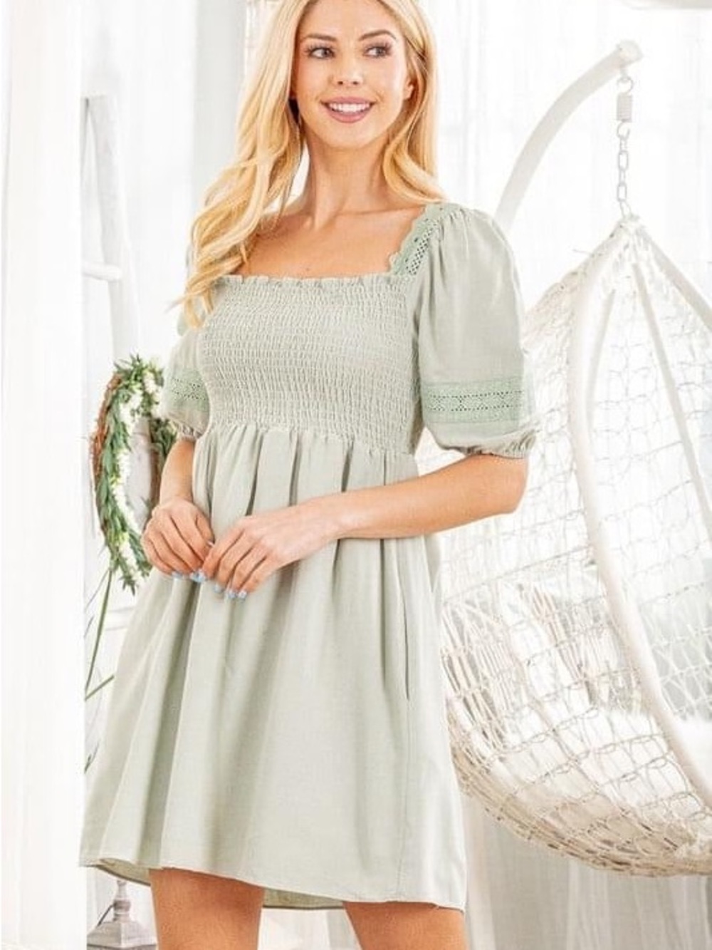 Medium XXXL Smocked Square Neck Puff Sleeve Dress in Sage